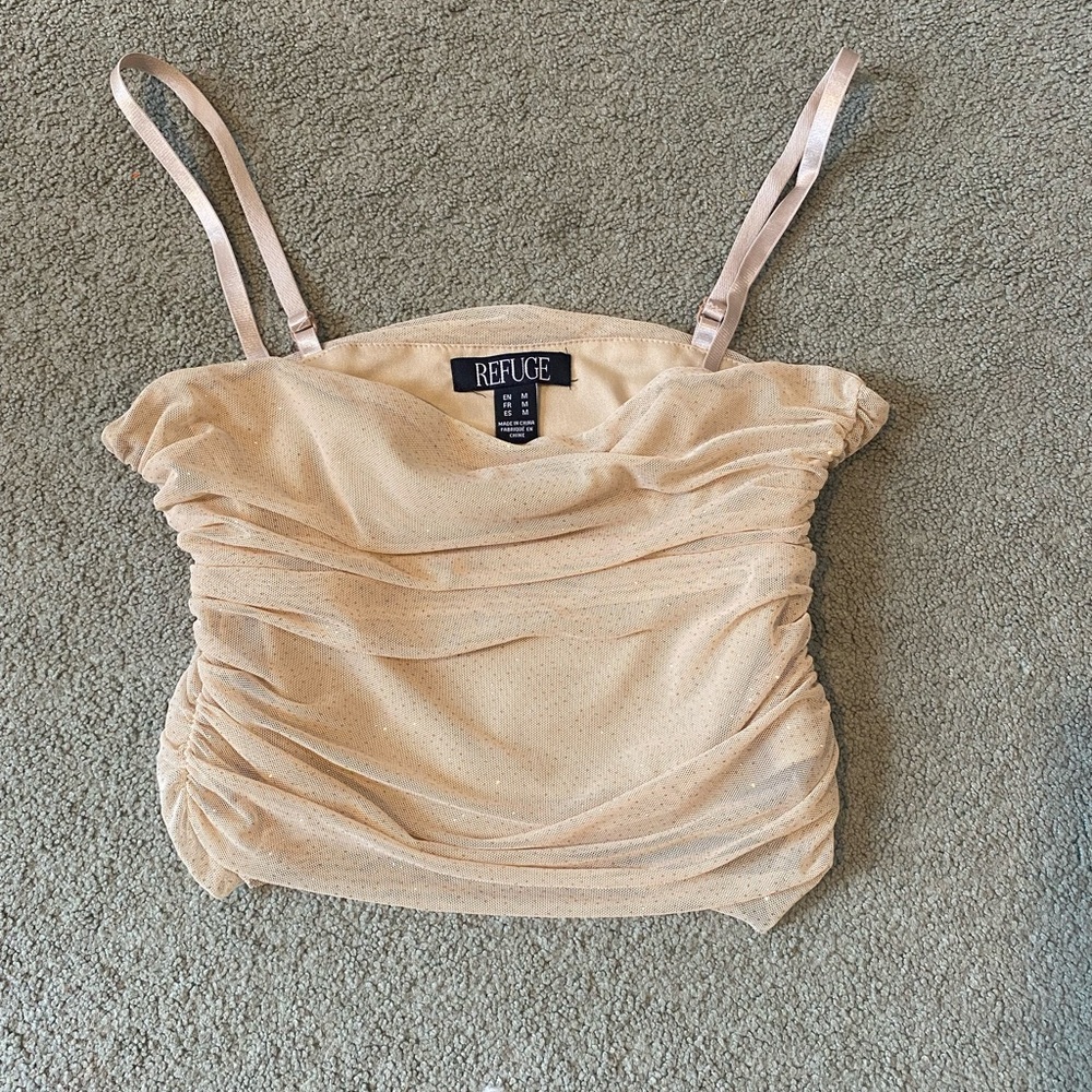 refuge Beige Ruched Sheer Mesh Cami with Sparkle